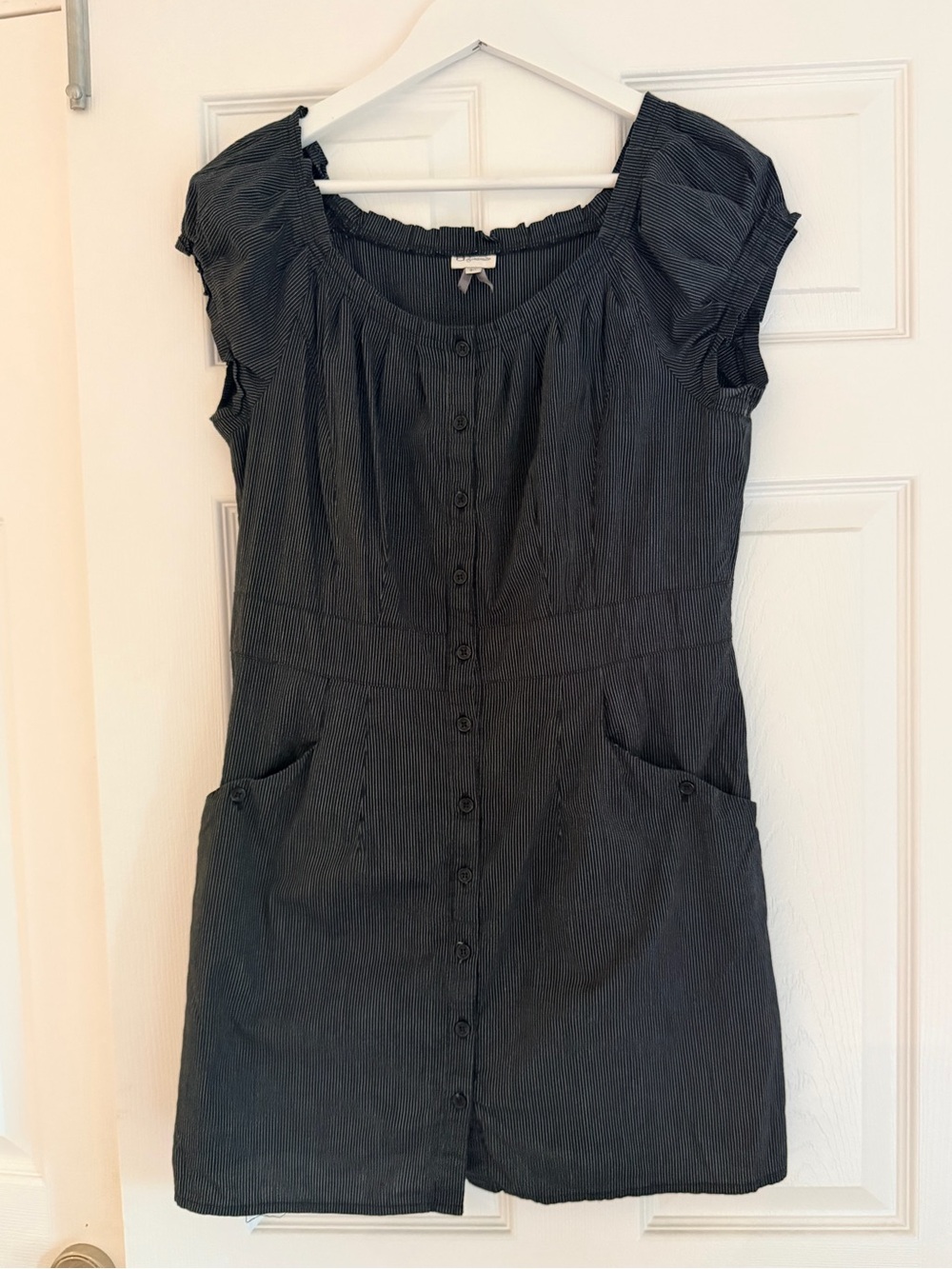Dynamite Black Pinstripe Button Front Mini Dress Puff Sleeve Size Large